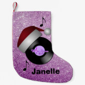 Paarse Faux Glitter Santa Hat Retro Record Kleine Kerstsok (Voorkant)