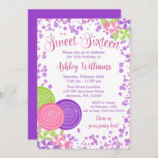 Paarse faux glitter Snoep thema zoet 16 Kaart (Voorkant / Achterkant)