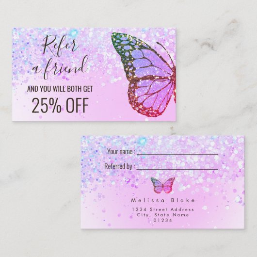 paarse faux glitter vlinder verwijzen naar een vri visitekaartje (Voorkant / Achterkant)