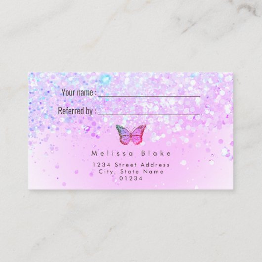 paarse faux glitter vlinder verwijzen naar een vri visitekaartje (Achterkant)