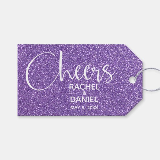 Paarse Faux Glitter Wedding Favor Cadeaulabel (Voorkant (Horizontaal))