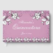 Paarse faux glitter witte roos elegante quinceaner gastenboek (Voorkant)