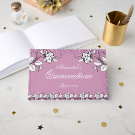Paarse faux glitter witte roos elegante quinceaner gastenboek