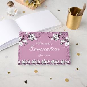 Paarse faux glitter witte roos elegante quinceaner gastenboek