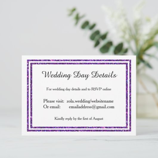 Paarse Faux Glittered Trim - Trouwdag Details RSVP Kaartje (Staand voorkant)