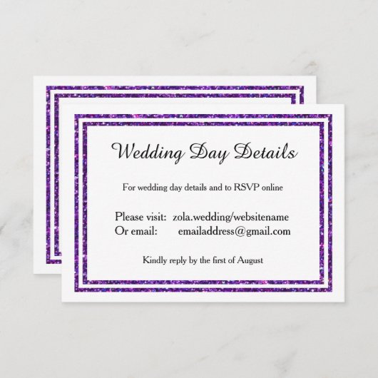 Paarse Faux Glittered Trim - Trouwdag Details RSVP Kaartje (Voorkant / Achterkant)