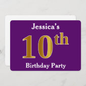 Paarse Faux Gold 10th Birthday Party; eigen naam Kaart (Voorkant / Achterkant)