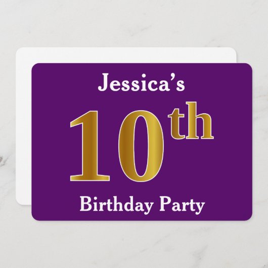 Paarse Faux Gold 10th Birthday Party; eigen naam Kaart (Voorkant / Achterkant)