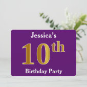 Paarse Faux Gold 10th Birthday Party; eigen naam Kaart (Staand voorkant)