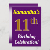 Paarse, Faux Gold 11e Verjaardagsviering + Naam Kaart (Voorkant / Achterkant)