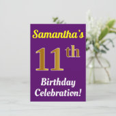 Paarse, Faux Gold 11e Verjaardagsviering + Naam Kaart (Staand voorkant)