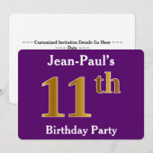 Paarse Faux Gold 11th Birthday Party; eigen naam Kaart (Voorkant / Achterkant)