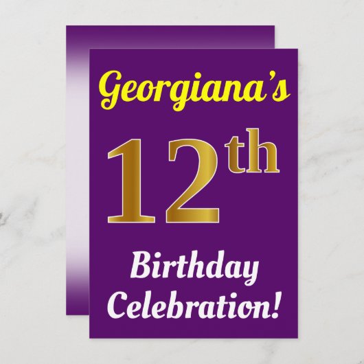 Paarse, Faux Gold 12e verjaardagsviering + naam Kaart (Voorkant / Achterkant)