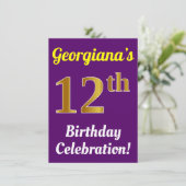 Paarse, Faux Gold 12e verjaardagsviering + naam Kaart (Staand voorkant)