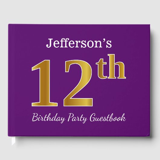 Paarse Faux Gold 12th Birthday Party; Eigen naam Gastenboek (Voorkant)