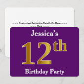 Paarse Faux Gold 12th Birthday Party; Eigen naam Kaart (Voorkant / Achterkant)