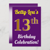 Paarse, Faux Gold 13e verjaardagsviering + naam Kaart (Voorkant / Achterkant)