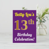 Paarse, Faux Gold 13e verjaardagsviering + naam Kaart (Staand voorkant)