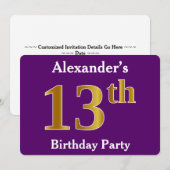 Paarse Faux Gold 13th Birthday Party; eigen naam Kaart (Voorkant / Achterkant)
