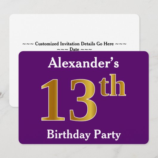 Paarse Faux Gold 13th Birthday Party; eigen naam Kaart (Voorkant / Achterkant)