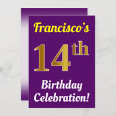 Paarse, Faux Gold 14e verjaardagsviering + naam Kaart (Voorkant / Achterkant)