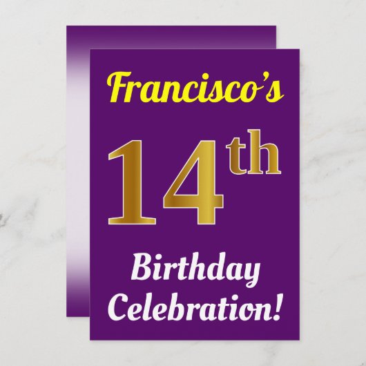 Paarse, Faux Gold 14e verjaardagsviering + naam Kaart (Voorkant / Achterkant)
