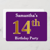 Paarse Faux Gold 14th Birthday Party; Eigen naam Kaart (Voorkant / Achterkant)