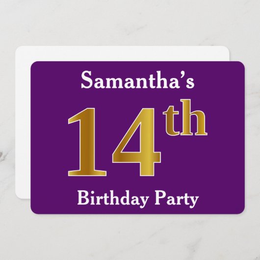Paarse Faux Gold 14th Birthday Party; Eigen naam Kaart (Voorkant / Achterkant)