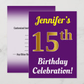 Paarse, Faux Gold 15e verjaardagsviering + naam Kaart (Voorkant / Achterkant)