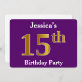 Paarse Faux Gold 15th Birthday Party; Eigen naam Kaart (Voorkant / Achterkant)