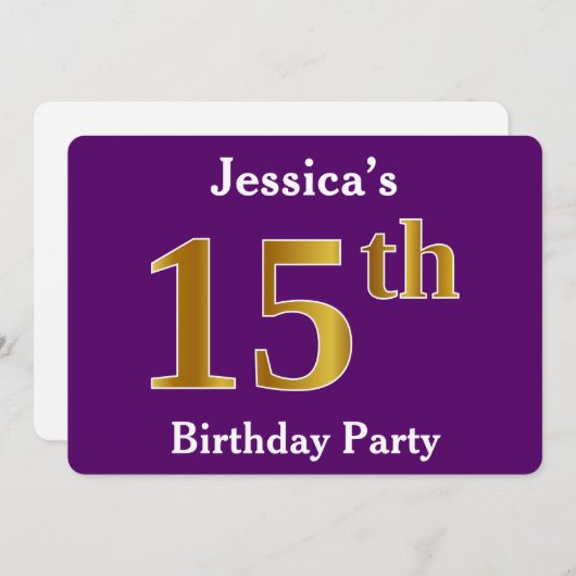 Paarse Faux Gold 15th Birthday Party; Eigen naam Kaart (Voorkant / Achterkant)