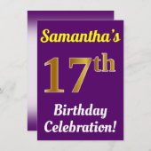 Paarse, Faux Gold 17e Verjaardagsviering + Naam Kaart (Voorkant / Achterkant)