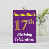 Paarse, Faux Gold 17e Verjaardagsviering + Naam Kaart (Staand voorkant)