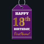 Paarse, Faux Gold 18e verjaardag   aangepaste naam Cadeaulabel<br><div class="desc">Dit verjaardagscadeau label ontwerp bevat een bericht zoals "HAPPY 18th BIRTHDAY, FirstName!", waar de naam kan worden gepersonaliseerd, en waar het nummer "18th" een faux / imitatie goud-achtige kleurenuiterlijk heeft. De voorkant heeft ook een paarse achtergrond. Op de achterkant staat een "Van:"-regel. Labels als deze kunnen misschien gebruikt worden voor...</div>