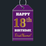 Paarse, Faux Gold 18e verjaardag   aangepaste naam Cadeaulabel<br><div class="desc">Dit verjaardagscadeau label ontwerp bevat een bericht zoals "HAPPY 18th BIRTHDAY, FirstName!", waar de naam kan worden gepersonaliseerd, en waar het nummer "18th" een faux / imitatie goud-achtige kleurenuiterlijk heeft. De voorkant heeft ook een paarse achtergrond. Op de achterkant staat een "Van:"-regel. Labels als deze kunnen misschien gebruikt worden voor...</div>