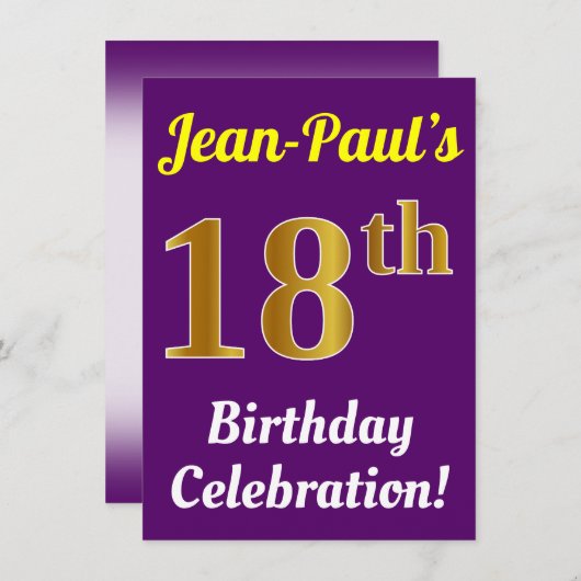 Paarse, Faux Gold 18e verjaardagsviering + naam Kaart (Voorkant / Achterkant)