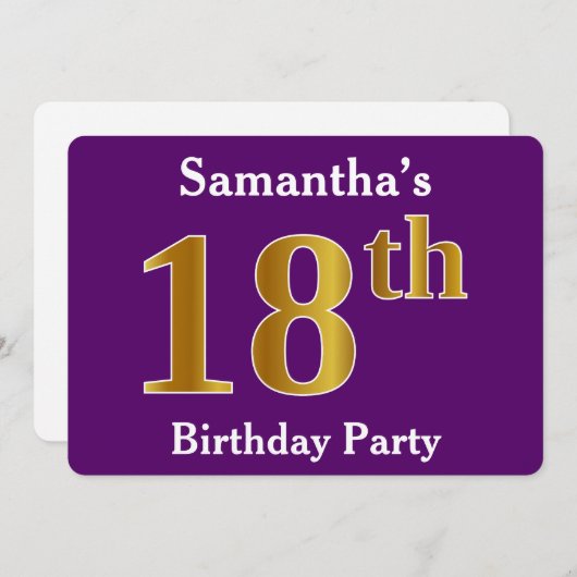 Paarse Faux Gold 18th Birthday Party; Aangepaste n Kaart (Voorkant / Achterkant)