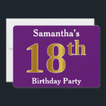 Paarse Faux Gold 18th Birthday Party; Aangepaste n Kaart<br><div class="desc">Dit uitnodigingsontwerp heeft het rangtelwoord "18th" met een faux goudachtige uitstraling. Het heeft ook een aangepaste naam en een paarse gekleurde achtergrond. De evenementgegevens op de achterkant kunnen worden gepersonaliseerd. Het kan worden gebruikt om mensen uit te nodigen voor iemands achttiende verjaardagsfeest. [~Z0000014]</div>