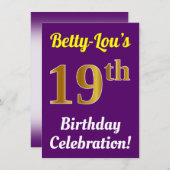 Paarse, Faux Gold 19e verjaardagsviering + naam Kaart (Voorkant / Achterkant)