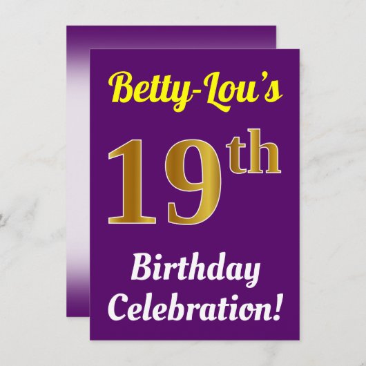 Paarse, Faux Gold 19e verjaardagsviering + naam Kaart (Voorkant / Achterkant)