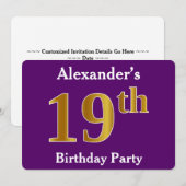 Paarse Faux Gold 19th Birthday Party; Eigen naam Kaart (Voorkant / Achterkant)