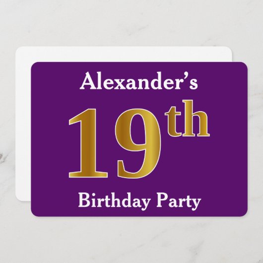 Paarse Faux Gold 19th Birthday Party; Eigen naam Kaart (Voorkant / Achterkant)