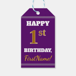 Paarse Faux Gold 1st Birthday + Aangepaste naam Cadeaulabel