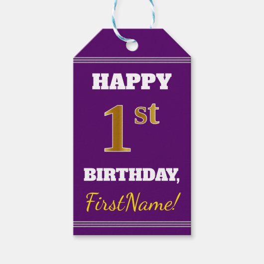 Paarse Faux Gold 1st Birthday + Aangepaste naam Cadeaulabel (Voorkant)