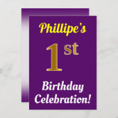 Paarse, Faux Gold 1st Birthday Celebration + naam Kaart (Voorkant / Achterkant)