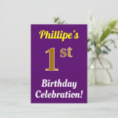 Paarse, Faux Gold 1st Birthday Celebration + naam Kaart (Staand voorkant)