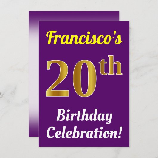 Paarse, Faux Gold 20ste verjaardagsviering + naam Kaart (Voorkant / Achterkant)