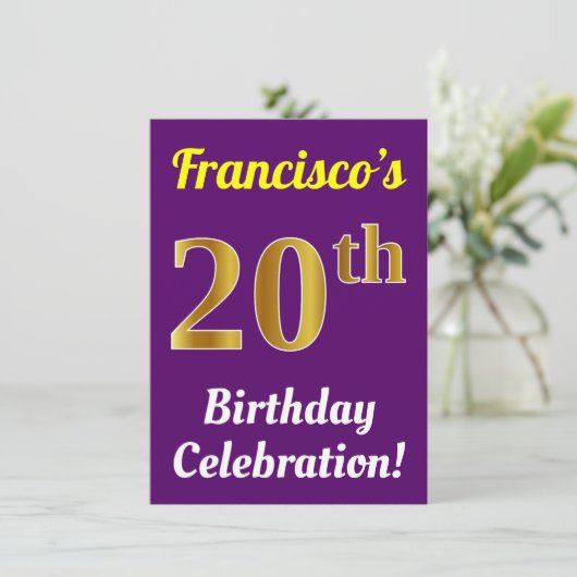 Paarse, Faux Gold 20ste verjaardagsviering + naam Kaart (Staand voorkant)