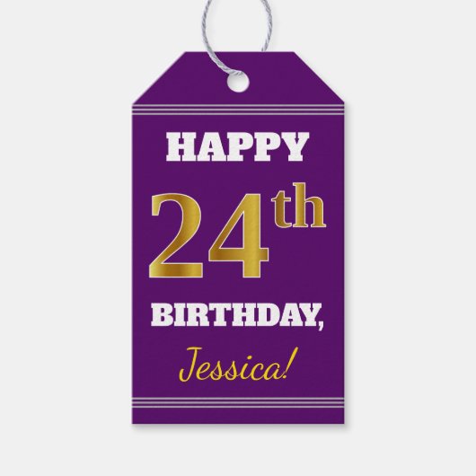 Paarse Faux Gold 24e verjaardag + Aangepaste naam Cadeaulabel (Voorkant)