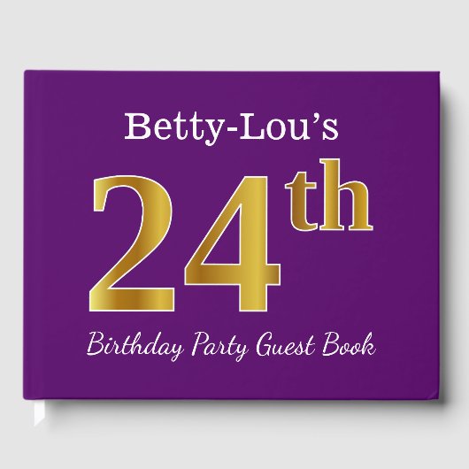 Paarse Faux Gold 24th Birthday Party; Eigen naam Gastenboek (Voorkant)